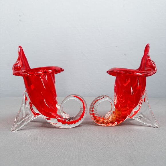 Set of 2 VTG Murano Sommerso Jack in Pulpit Cornucopia Red Clear Vase Japan 8"